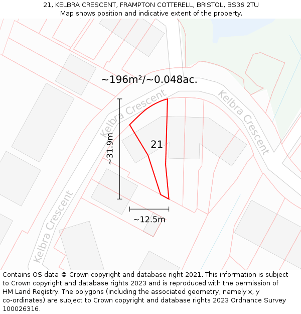 21, KELBRA CRESCENT, FRAMPTON COTTERELL, BRISTOL, BS36 2TU: Plot and title map