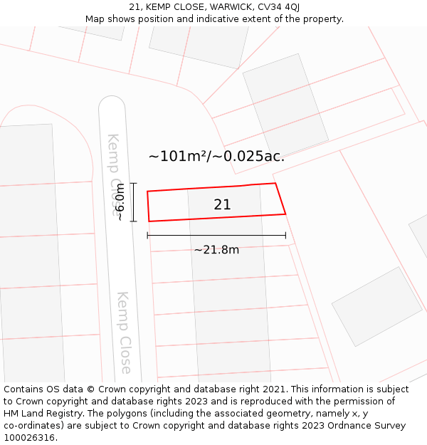 21, KEMP CLOSE, WARWICK, CV34 4QJ: Plot and title map