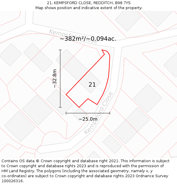 21, KEMPSFORD CLOSE, REDDITCH, B98 7YS: Plot and title map