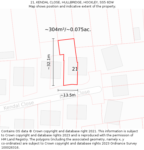 21, KENDAL CLOSE, HULLBRIDGE, HOCKLEY, SS5 6DW: Plot and title map