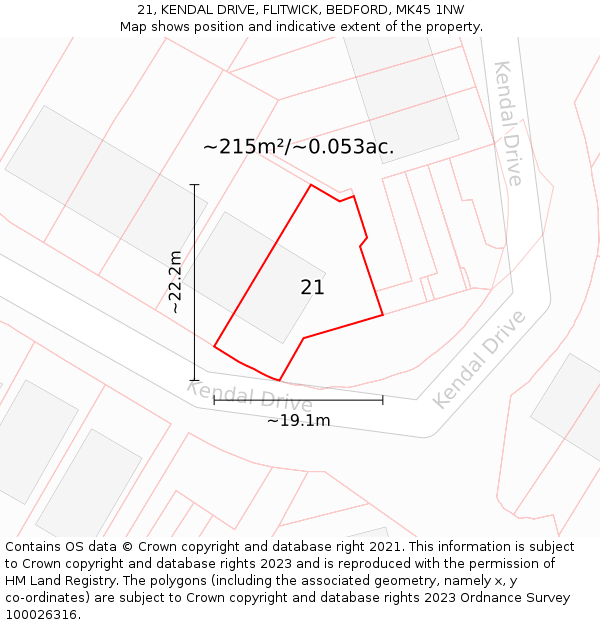 21, KENDAL DRIVE, FLITWICK, BEDFORD, MK45 1NW: Plot and title map