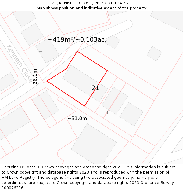 21, KENNETH CLOSE, PRESCOT, L34 5NH: Plot and title map