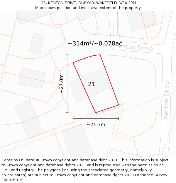 21, KENTON DRIVE, DURKAR, WAKEFIELD, WF4 3PN: Plot and title map