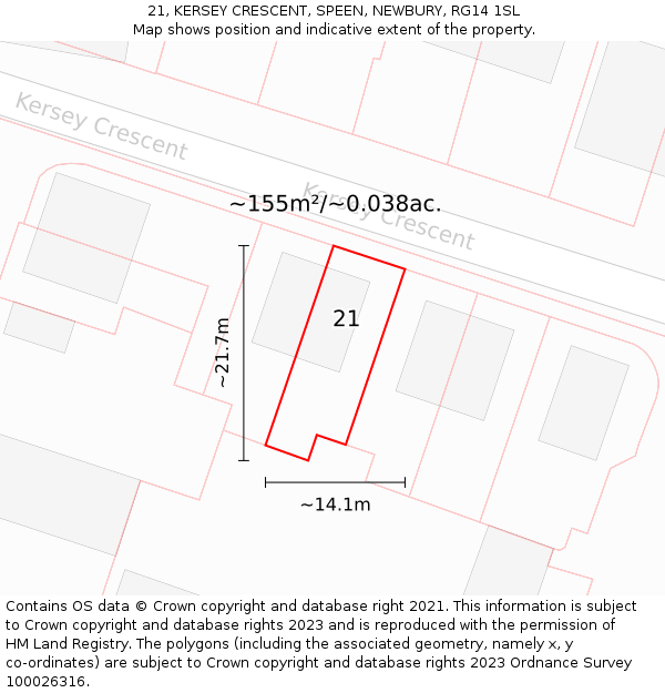 21, KERSEY CRESCENT, SPEEN, NEWBURY, RG14 1SL: Plot and title map