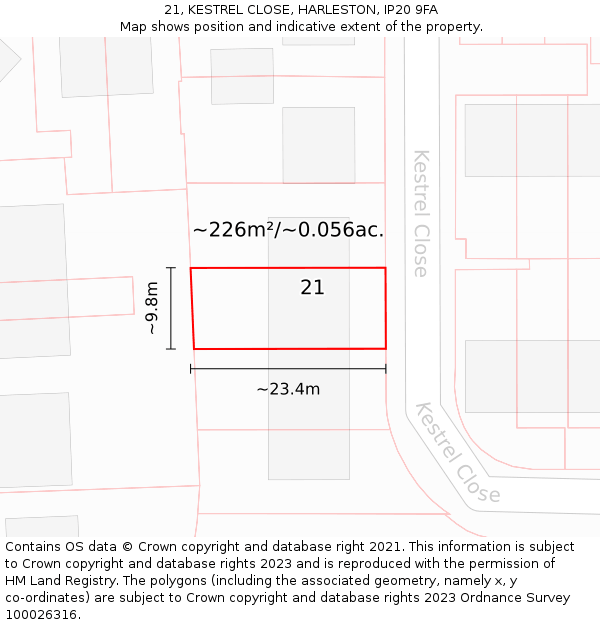 21, KESTREL CLOSE, HARLESTON, IP20 9FA: Plot and title map