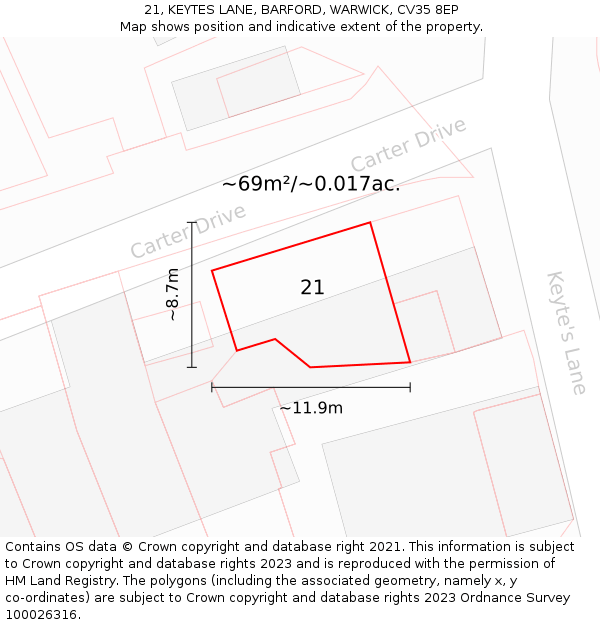 21, KEYTES LANE, BARFORD, WARWICK, CV35 8EP: Plot and title map