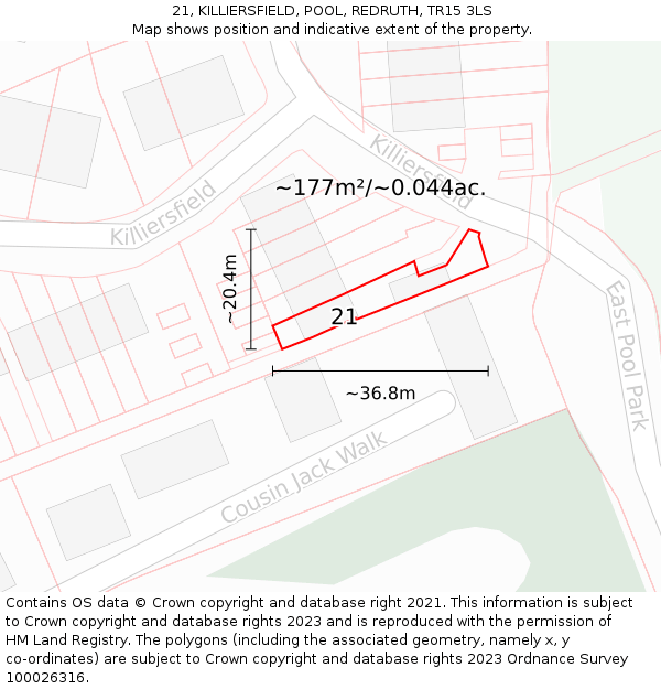 21, KILLIERSFIELD, POOL, REDRUTH, TR15 3LS: Plot and title map
