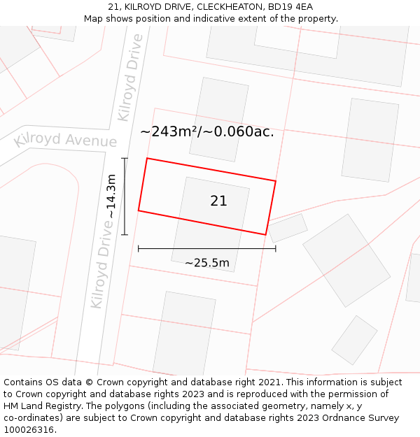 21, KILROYD DRIVE, CLECKHEATON, BD19 4EA: Plot and title map