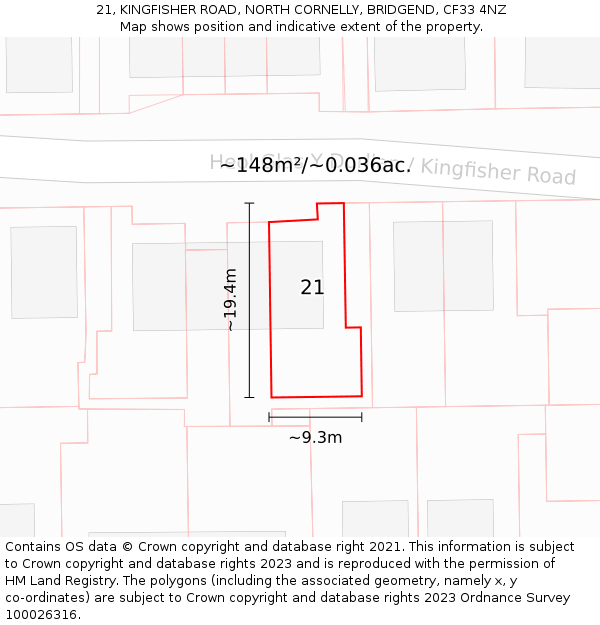 21, KINGFISHER ROAD, NORTH CORNELLY, BRIDGEND, CF33 4NZ: Plot and title map