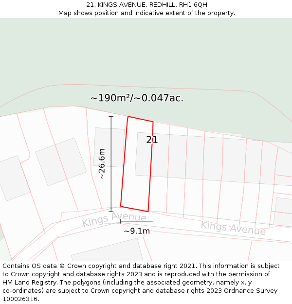 21, KINGS AVENUE, REDHILL, RH1 6QH: Plot and title map