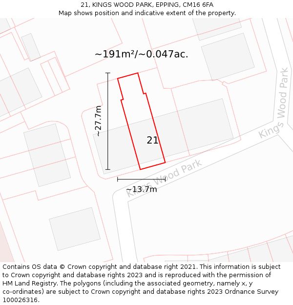 21, KINGS WOOD PARK, EPPING, CM16 6FA: Plot and title map