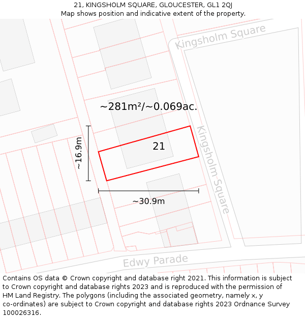 21, KINGSHOLM SQUARE, GLOUCESTER, GL1 2QJ: Plot and title map
