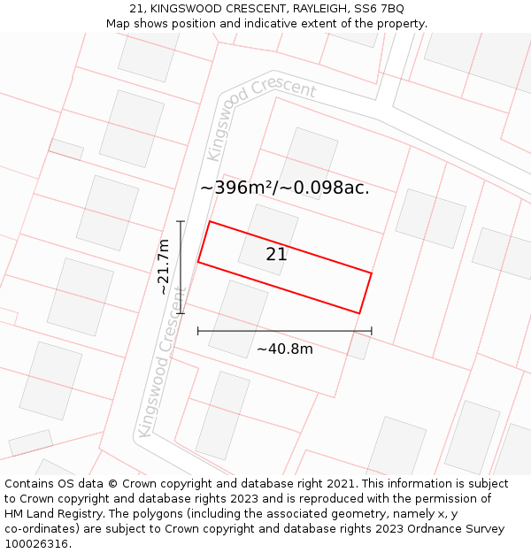 21, KINGSWOOD CRESCENT, RAYLEIGH, SS6 7BQ: Plot and title map