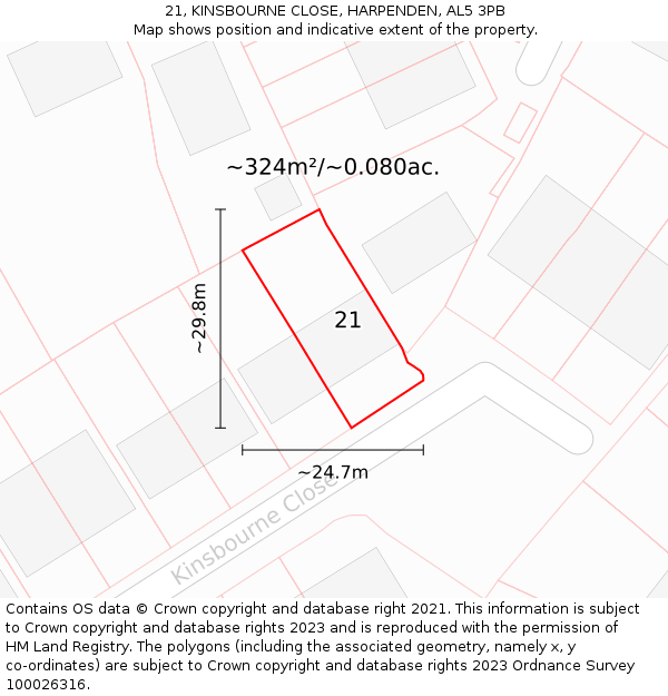 21, KINSBOURNE CLOSE, HARPENDEN, AL5 3PB: Plot and title map