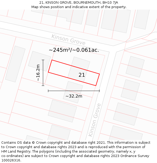 21, KINSON GROVE, BOURNEMOUTH, BH10 7JA: Plot and title map