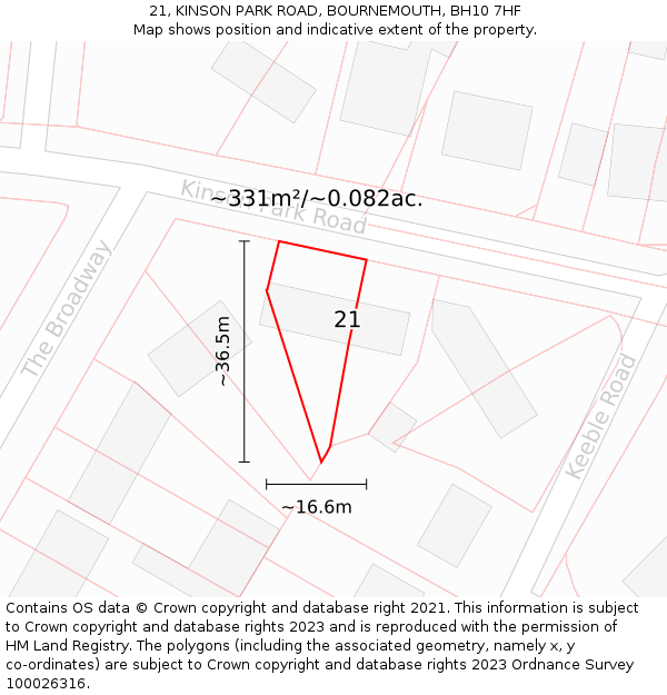 21, KINSON PARK ROAD, BOURNEMOUTH, BH10 7HF: Plot and title map