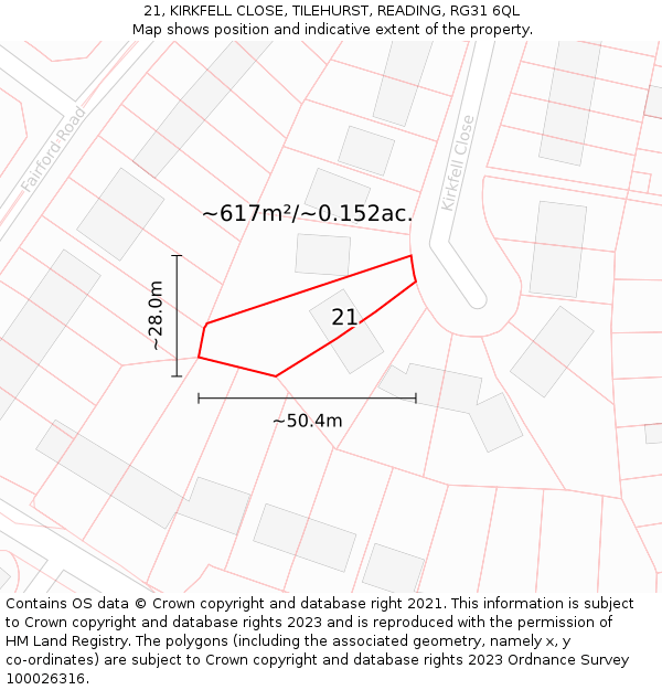21, KIRKFELL CLOSE, TILEHURST, READING, RG31 6QL: Plot and title map