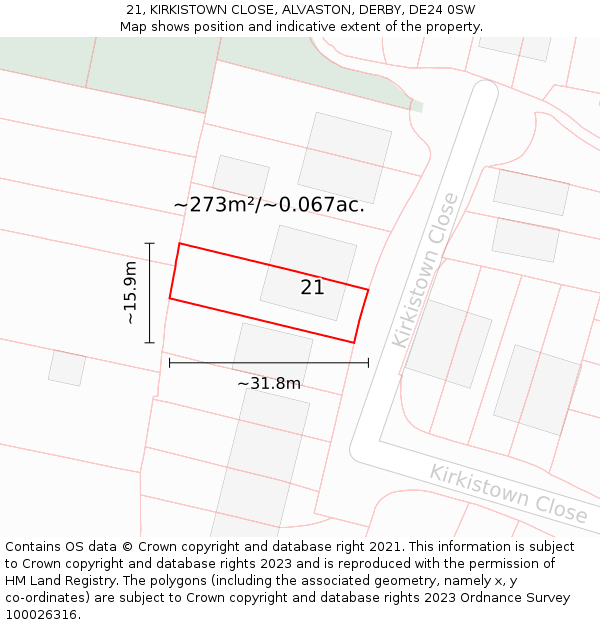 21, KIRKISTOWN CLOSE, ALVASTON, DERBY, DE24 0SW: Plot and title map