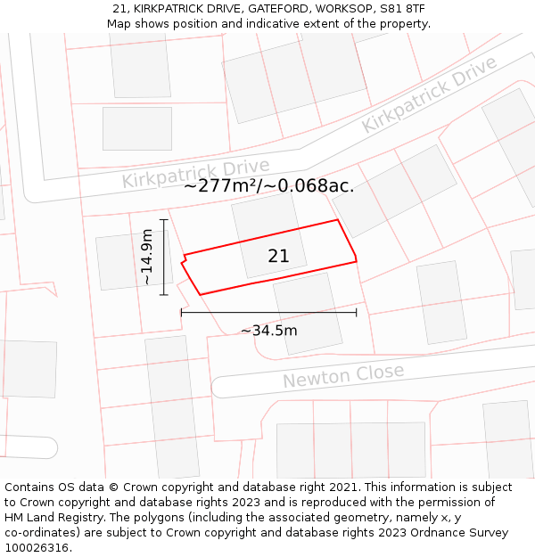 21, KIRKPATRICK DRIVE, GATEFORD, WORKSOP, S81 8TF: Plot and title map