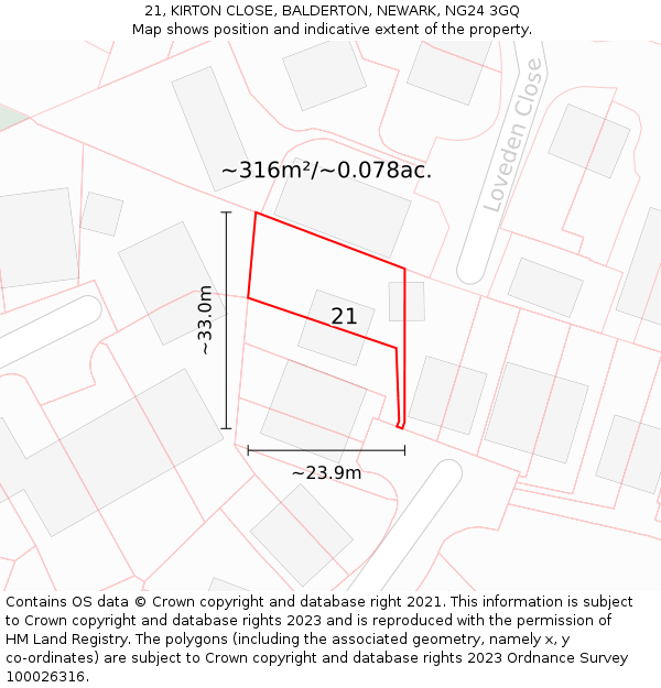 21, KIRTON CLOSE, BALDERTON, NEWARK, NG24 3GQ: Plot and title map
