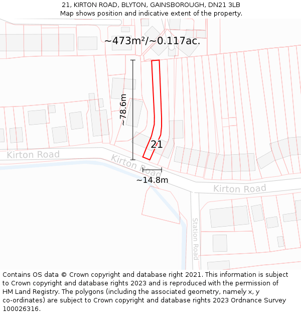 21, KIRTON ROAD, BLYTON, GAINSBOROUGH, DN21 3LB: Plot and title map