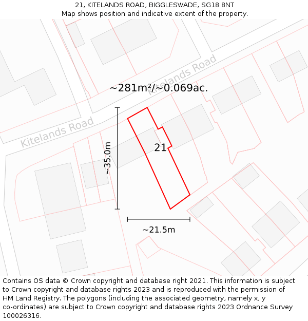 21, KITELANDS ROAD, BIGGLESWADE, SG18 8NT: Plot and title map