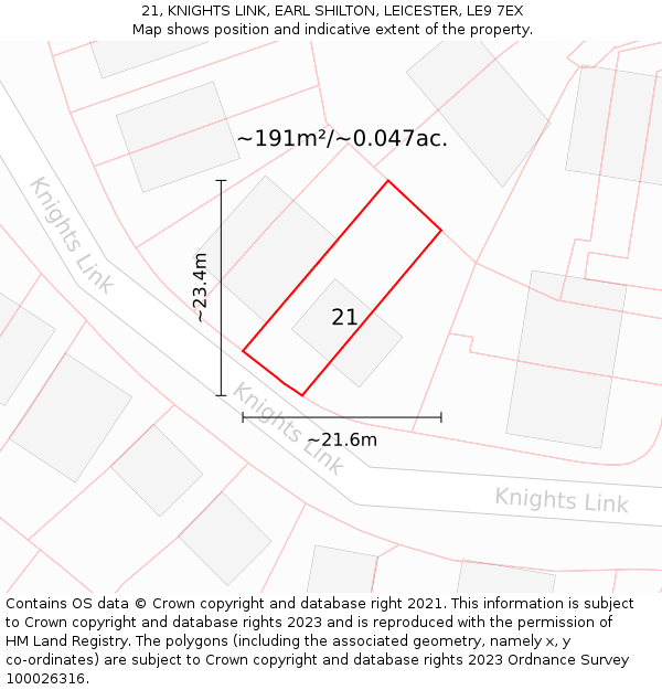 21, KNIGHTS LINK, EARL SHILTON, LEICESTER, LE9 7EX: Plot and title map