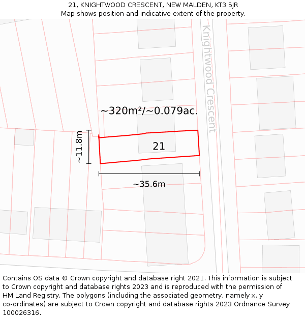 21, KNIGHTWOOD CRESCENT, NEW MALDEN, KT3 5JR: Plot and title map