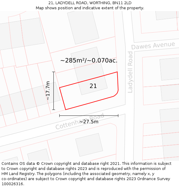 21, LADYDELL ROAD, WORTHING, BN11 2LD: Plot and title map