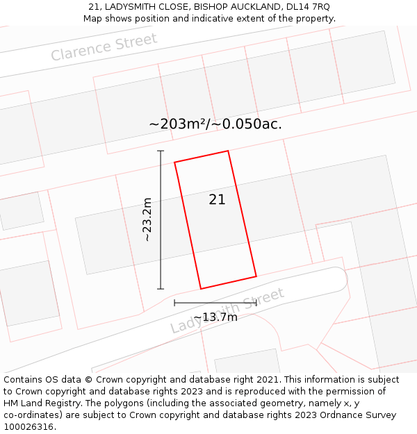21, LADYSMITH CLOSE, BISHOP AUCKLAND, DL14 7RQ: Plot and title map