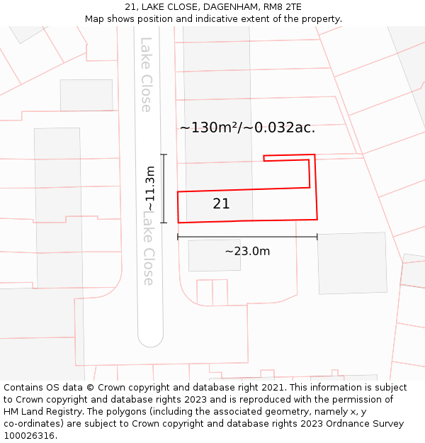 21, LAKE CLOSE, DAGENHAM, RM8 2TE: Plot and title map