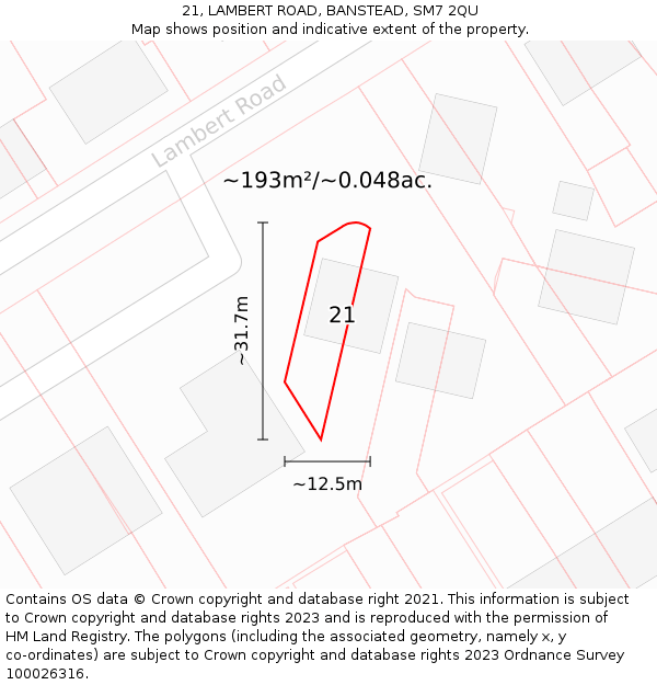 21, LAMBERT ROAD, BANSTEAD, SM7 2QU: Plot and title map