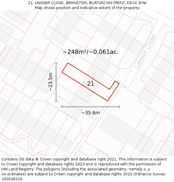 21, LANGER CLOSE, BRANSTON, BURTON-ON-TRENT, DE14 3HW: Plot and title map