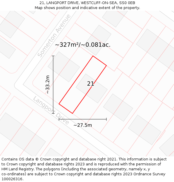 21, LANGPORT DRIVE, WESTCLIFF-ON-SEA, SS0 0EB: Plot and title map