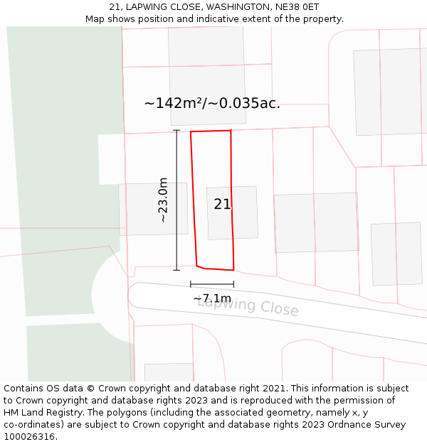21, LAPWING CLOSE, WASHINGTON, NE38 0ET: Plot and title map