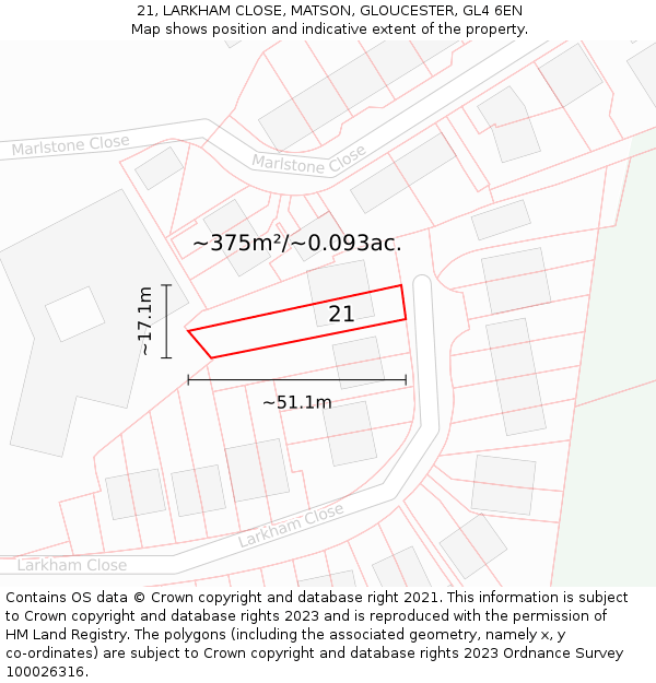 21, LARKHAM CLOSE, MATSON, GLOUCESTER, GL4 6EN: Plot and title map