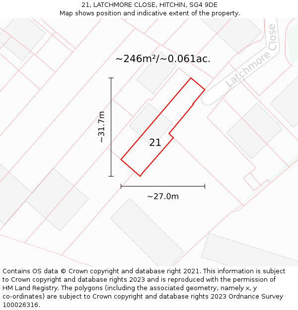 21, LATCHMORE CLOSE, HITCHIN, SG4 9DE: Plot and title map