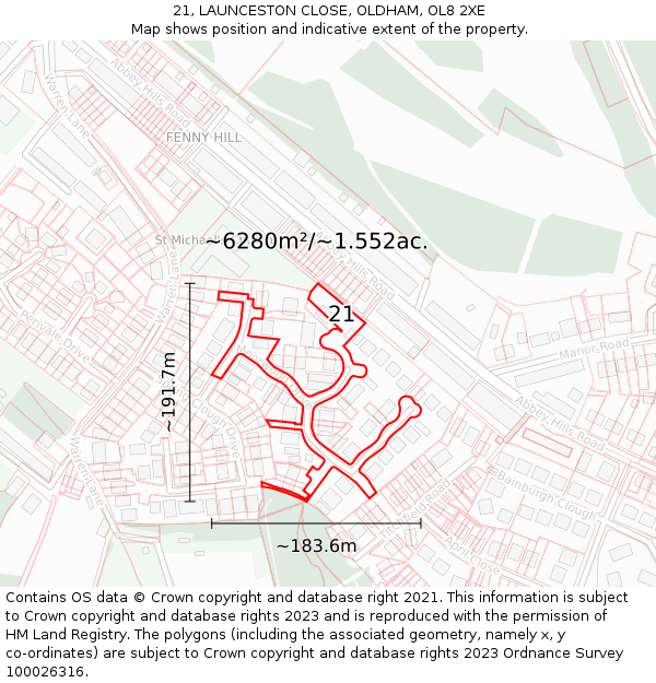 21, LAUNCESTON CLOSE, OLDHAM, OL8 2XE: Plot and title map
