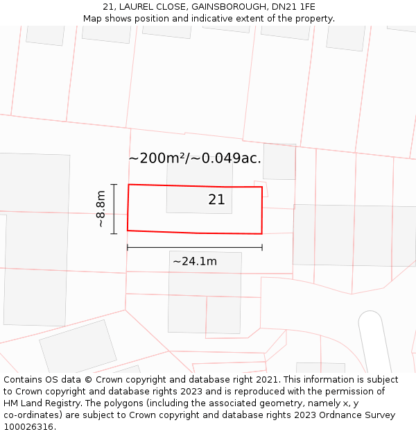 21, LAUREL CLOSE, GAINSBOROUGH, DN21 1FE: Plot and title map
