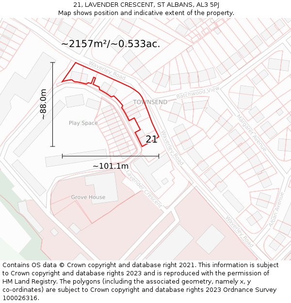 21, LAVENDER CRESCENT, ST ALBANS, AL3 5PJ: Plot and title map