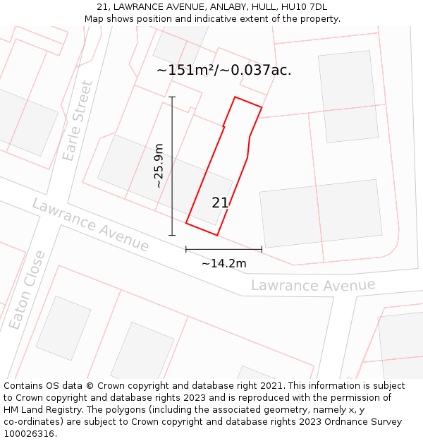 21, LAWRANCE AVENUE, ANLABY, HULL, HU10 7DL: Plot and title map