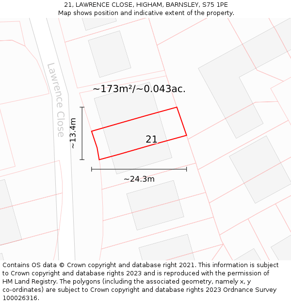 21, LAWRENCE CLOSE, HIGHAM, BARNSLEY, S75 1PE: Plot and title map
