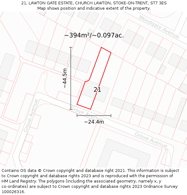 21, LAWTON GATE ESTATE, CHURCH LAWTON, STOKE-ON-TRENT, ST7 3ES: Plot and title map