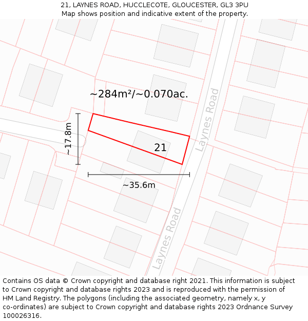 21, LAYNES ROAD, HUCCLECOTE, GLOUCESTER, GL3 3PU: Plot and title map