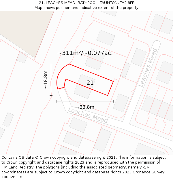 21, LEACHES MEAD, BATHPOOL, TAUNTON, TA2 8FB: Plot and title map