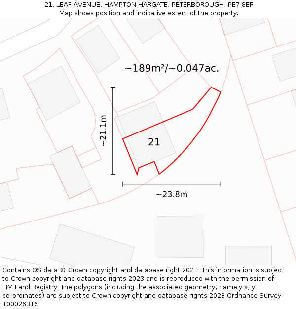 21, LEAF AVENUE, HAMPTON HARGATE, PETERBOROUGH, PE7 8EF: Plot and title map