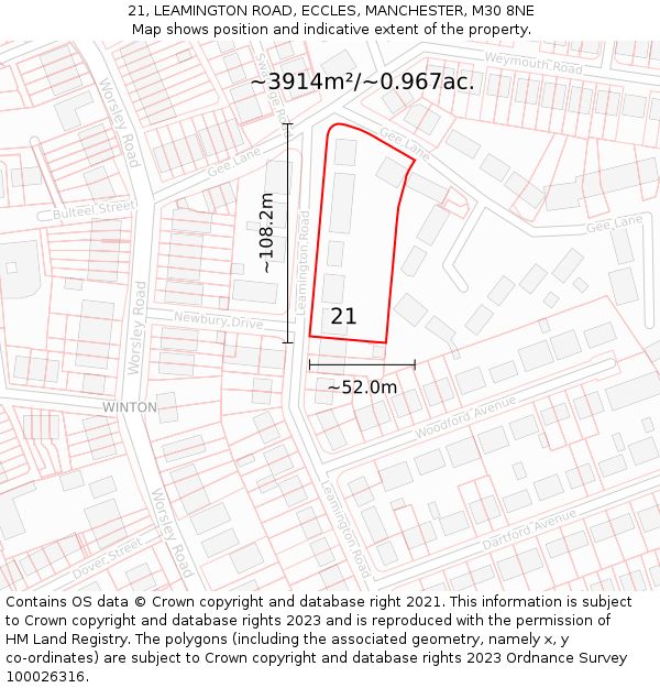 21, LEAMINGTON ROAD, ECCLES, MANCHESTER, M30 8NE: Plot and title map
