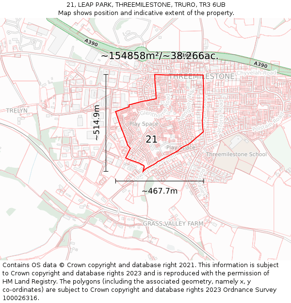 21, LEAP PARK, THREEMILESTONE, TRURO, TR3 6UB: Plot and title map