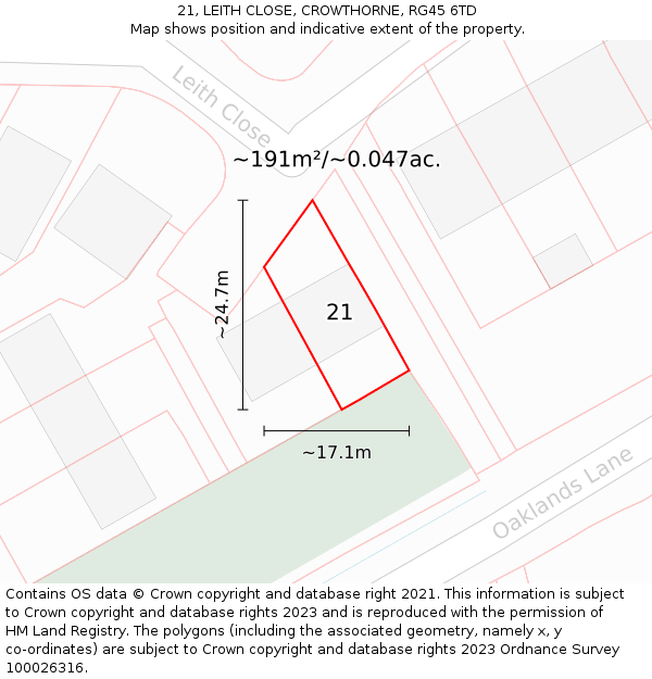 21, LEITH CLOSE, CROWTHORNE, RG45 6TD: Plot and title map
