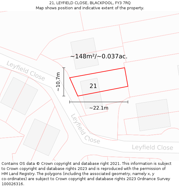 21, LEYFIELD CLOSE, BLACKPOOL, FY3 7RQ: Plot and title map